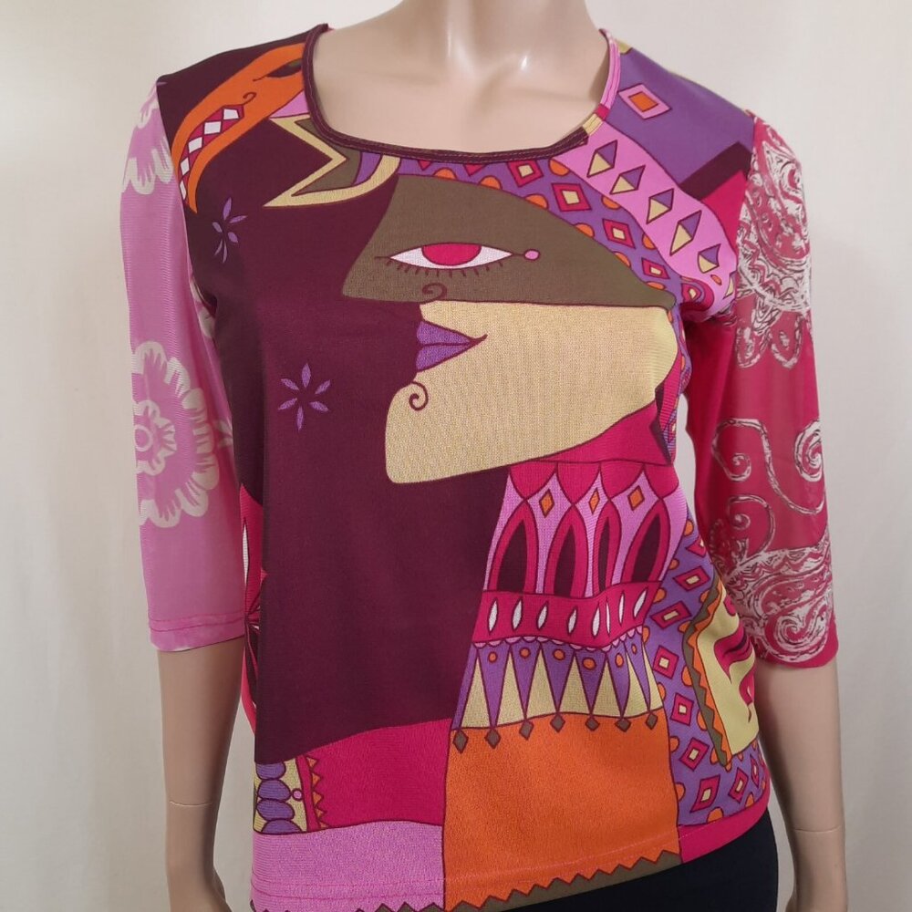 Vintage 90s Mesh Top M Funky Mod Colorful Abstract Art Print Rave Festival